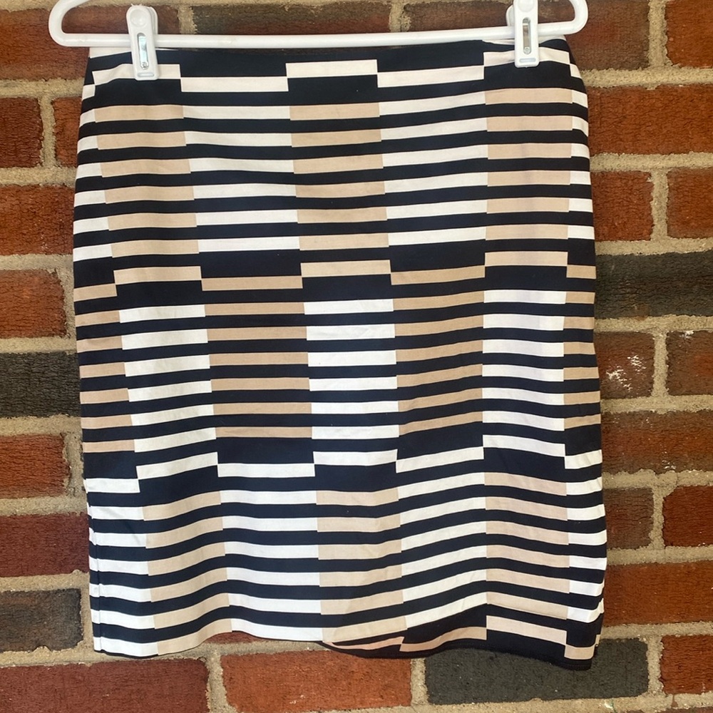 Ann Taylor Black, white, and cream striped pencil skirt
